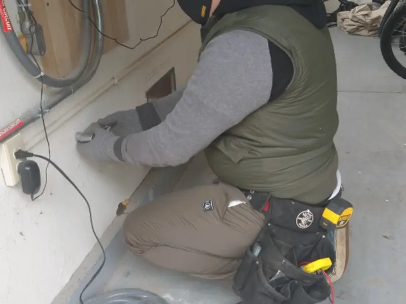 Electrician performing outlet wiring in a Dillon garage